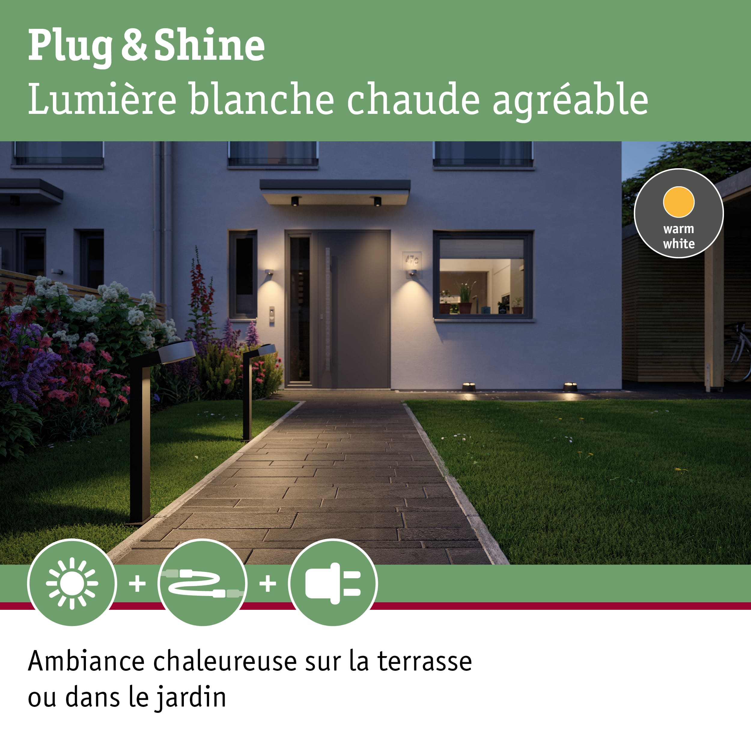 Éclairage extérieur moderne avec lumière blanche chaude pour terrasse et jardin avec système Plug & Shine
