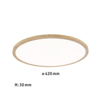 Round LED ceiling light with natural wood frame, 420 mm diameter, 30 mm height