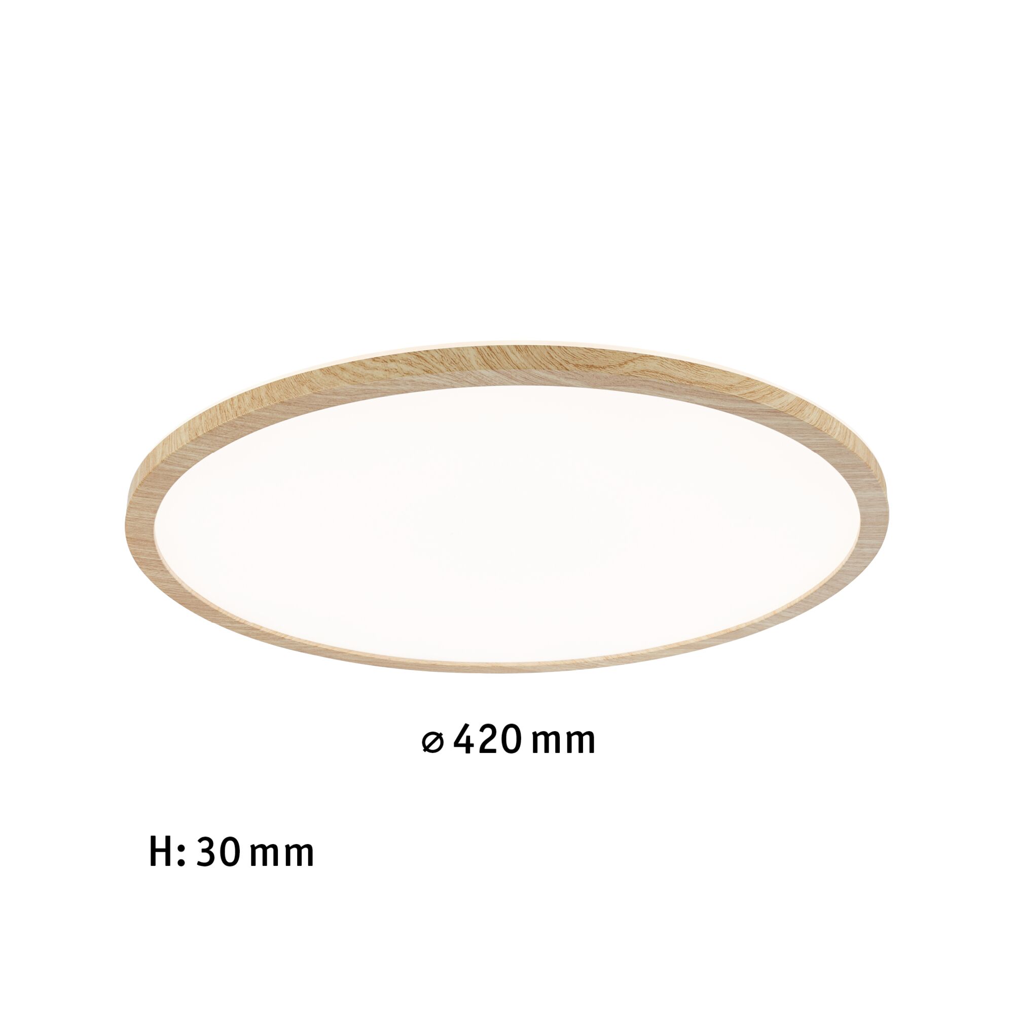 Rund LED-loftlampe med naturlig træramme, 420 mm diameter, 30 mm højde