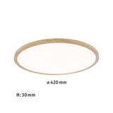 Round LED ceiling light with natural wood frame, 420 mm diameter, 30 mm height