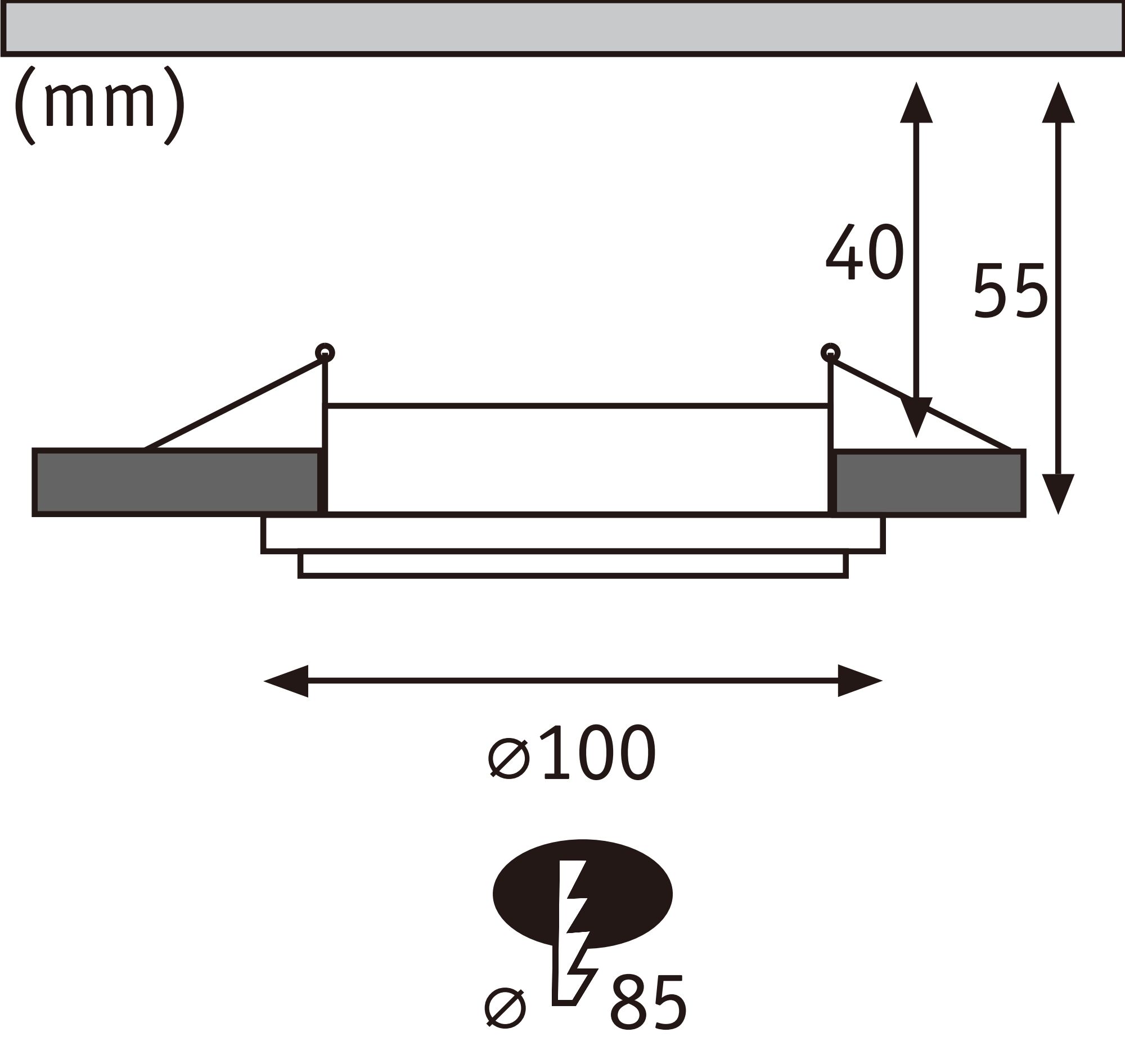 Technische Zeichnung mit Maßen für runden Einbaustrahler Ø100 mm, Einbautiefe 55 mm, Ausschnitt Ø85 mm