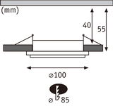 Technische Zeichnung mit Maßen für runden Einbaustrahler Ø100 mm, Einbautiefe 55 mm, Ausschnitt Ø85 mm