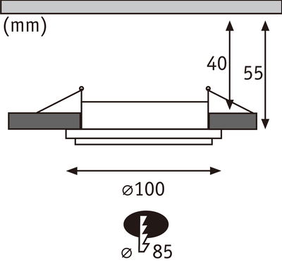 Technische Zeichnung mit Maßen für runden Einbaustrahler Ø100 mm, Einbautiefe 55 mm, Ausschnitt Ø85 mm