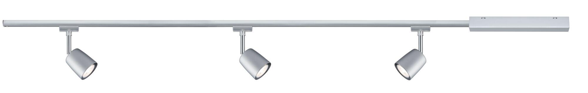 Drei silberne LED-Strahler an schmaler Schiene aus Metall für moderne Innenbeleuchtung