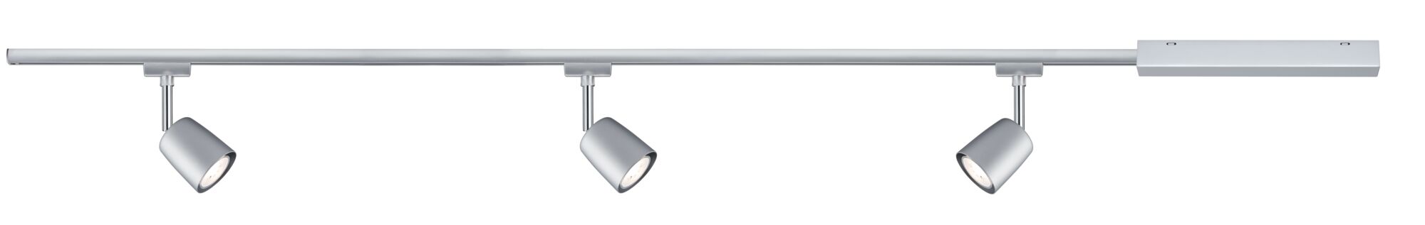 Trois spots LED métalliques argentés sur rail fin pour éclairage de plafond moderne