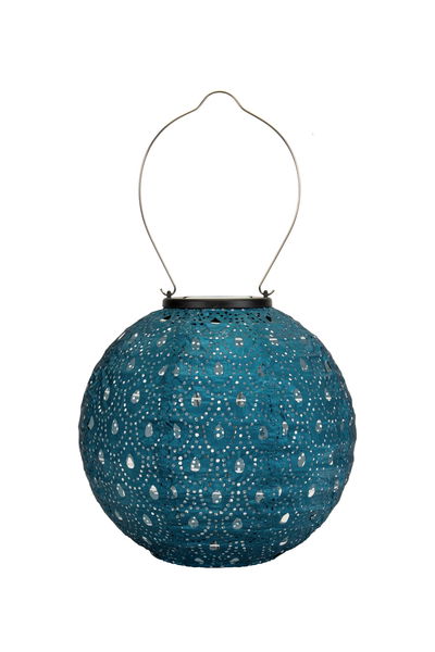 Round blue metal lantern with perforated pattern and metal handle for ambient lighting.