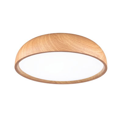 Ronde plafondlamp met natuurlijke houten rand en witte diffuser voor sfeerverlichting