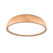 Round ceiling light with natural wood frame and white diffuser for ambient room lighting