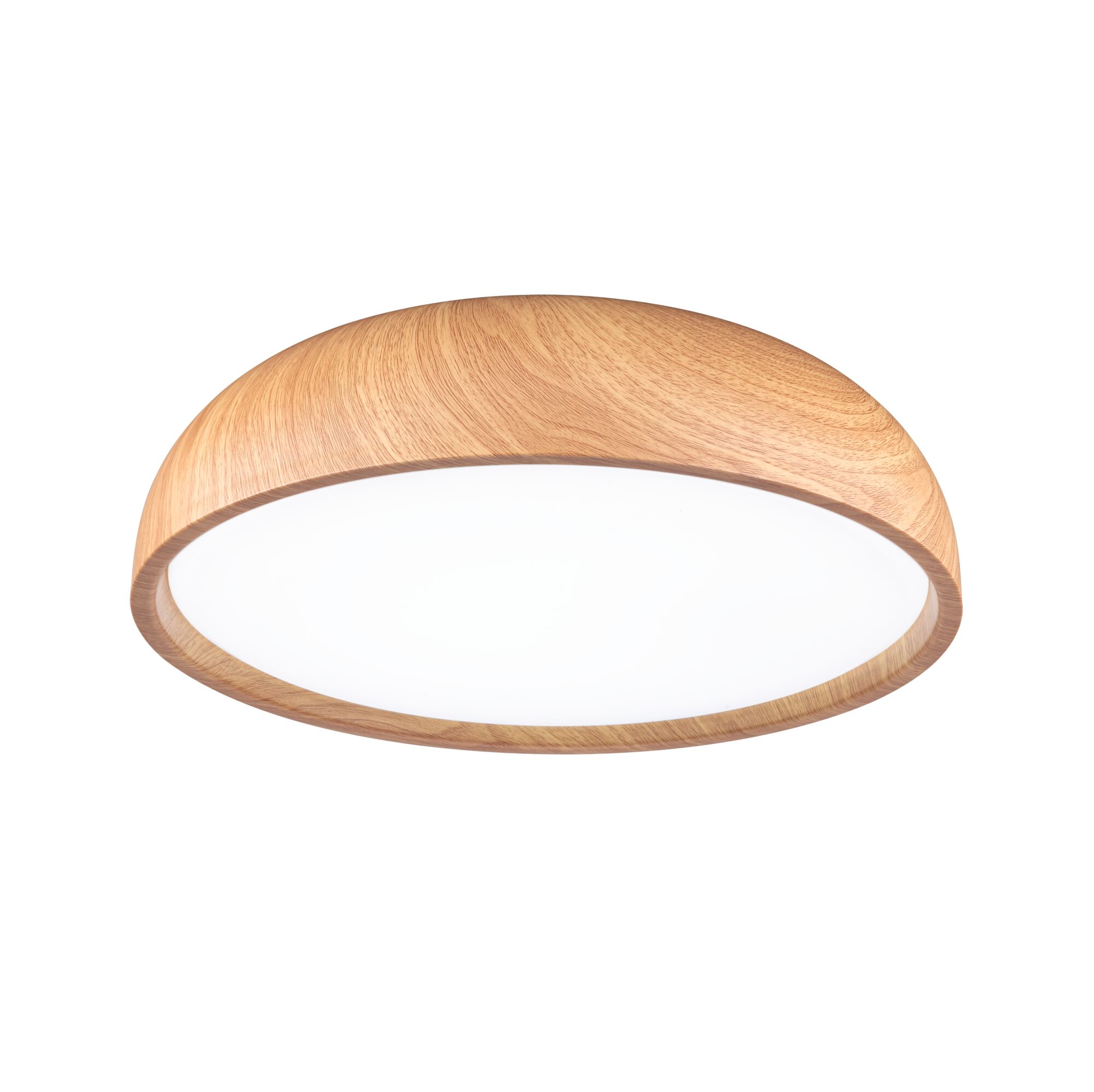 Round ceiling light with natural wood frame and white diffuser for ambient room lighting
