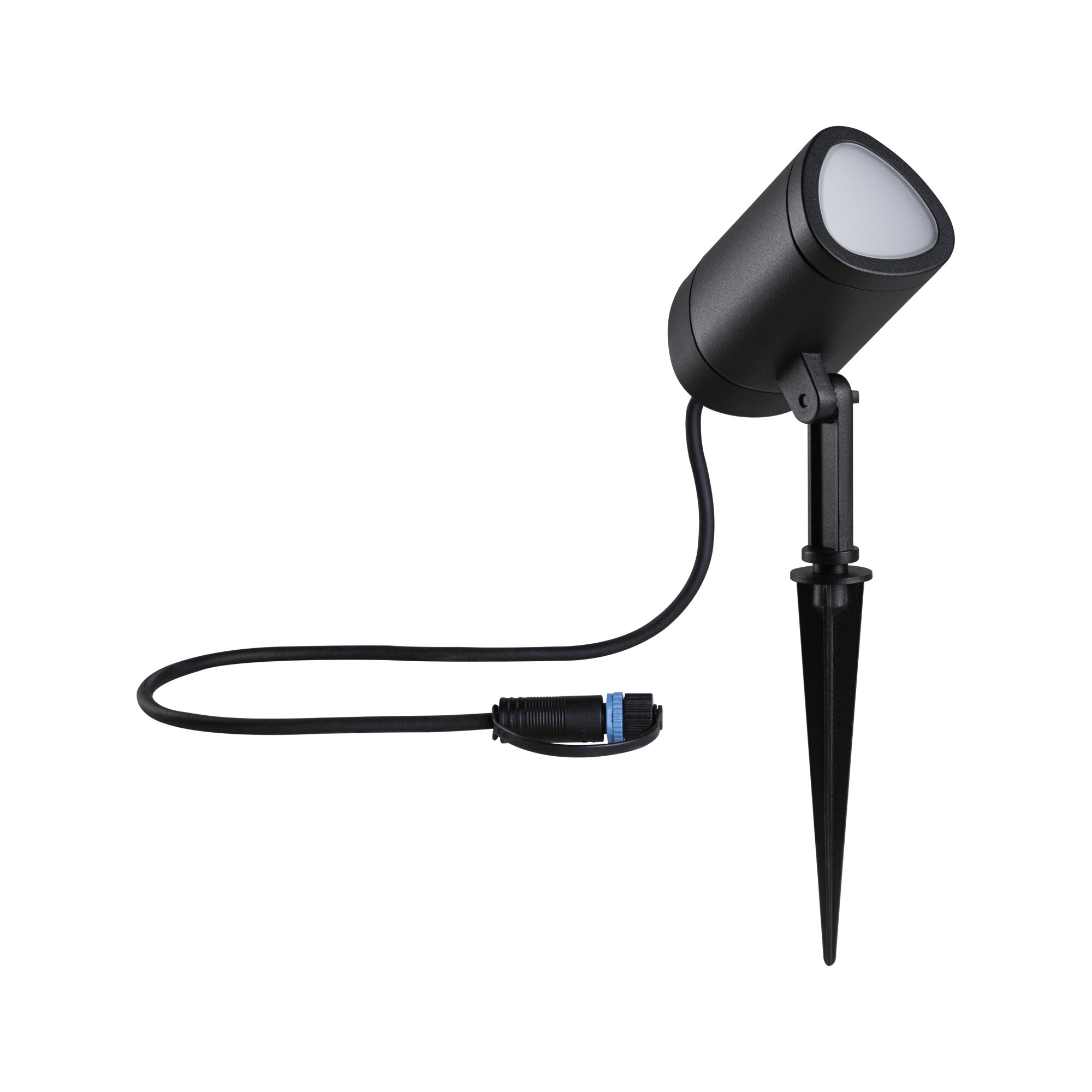 Black LED garden spotlight with ground spike and cable for outdoor lighting and garden illumination.