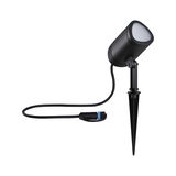Black LED garden spotlight with ground spike and cable for outdoor lighting and garden illumination.