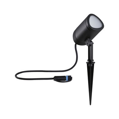 Black LED garden spotlight with ground spike and cable for outdoor lighting and garden illumination.