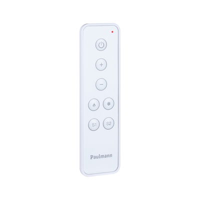 White plastic remote control with buttons for power, brightness, temperature, and scene settings