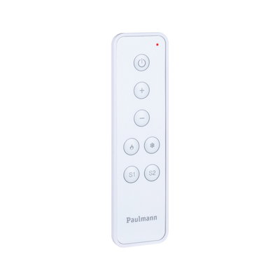 White plastic remote control with buttons for power, brightness, temperature, and scene settings