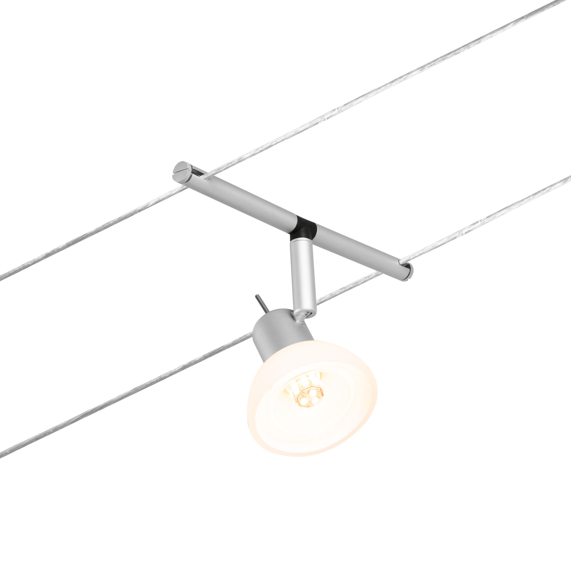 Moderner silberner LED-Seilstrahler mit Glasreflektor und Aluminiumhalterung für flexible Beleuchtung