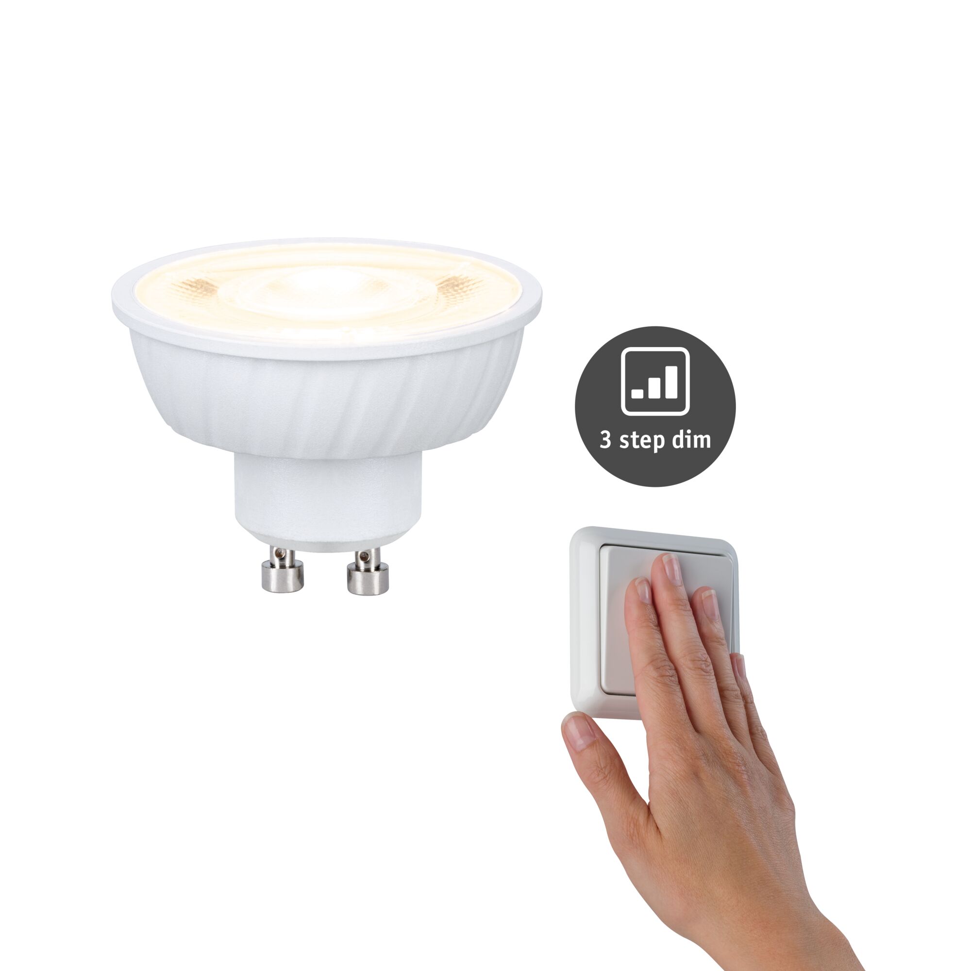230 V Standard LED Reflector GU10 Flat 37mm 550lm 4,9W 2700K dimmable Signal white White LED spotlight with GU10 base and 3-step dimming for energy-efficient lighting solutions