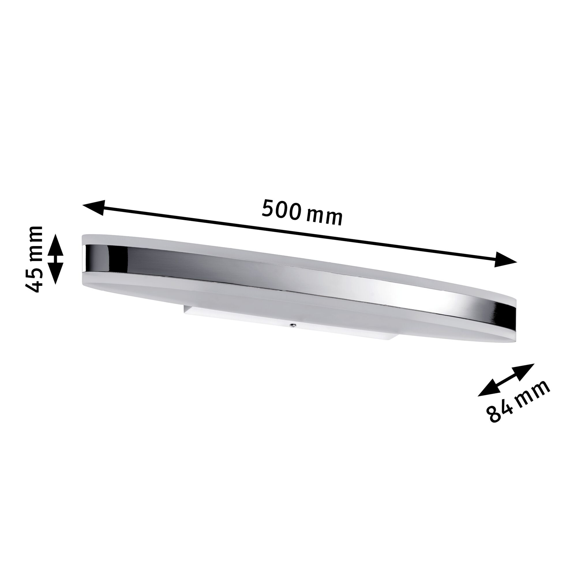Slim white plastic LED wall light with chrome edge, dimensions 500x84x45 mm, modern indoor lighting fixture