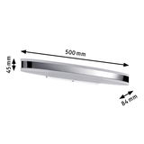 Slim white plastic LED wall light with chrome edge, dimensions 500x84x45 mm, modern indoor lighting fixture