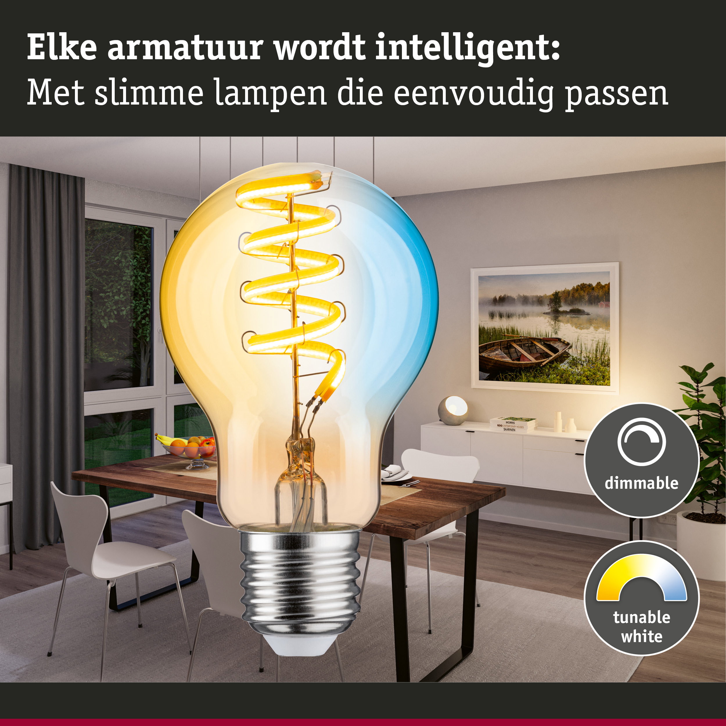 Grote gloeilamp met gele LED-spiralefilament in moderne eetkamer met dimbare, instelbare witte verlichting