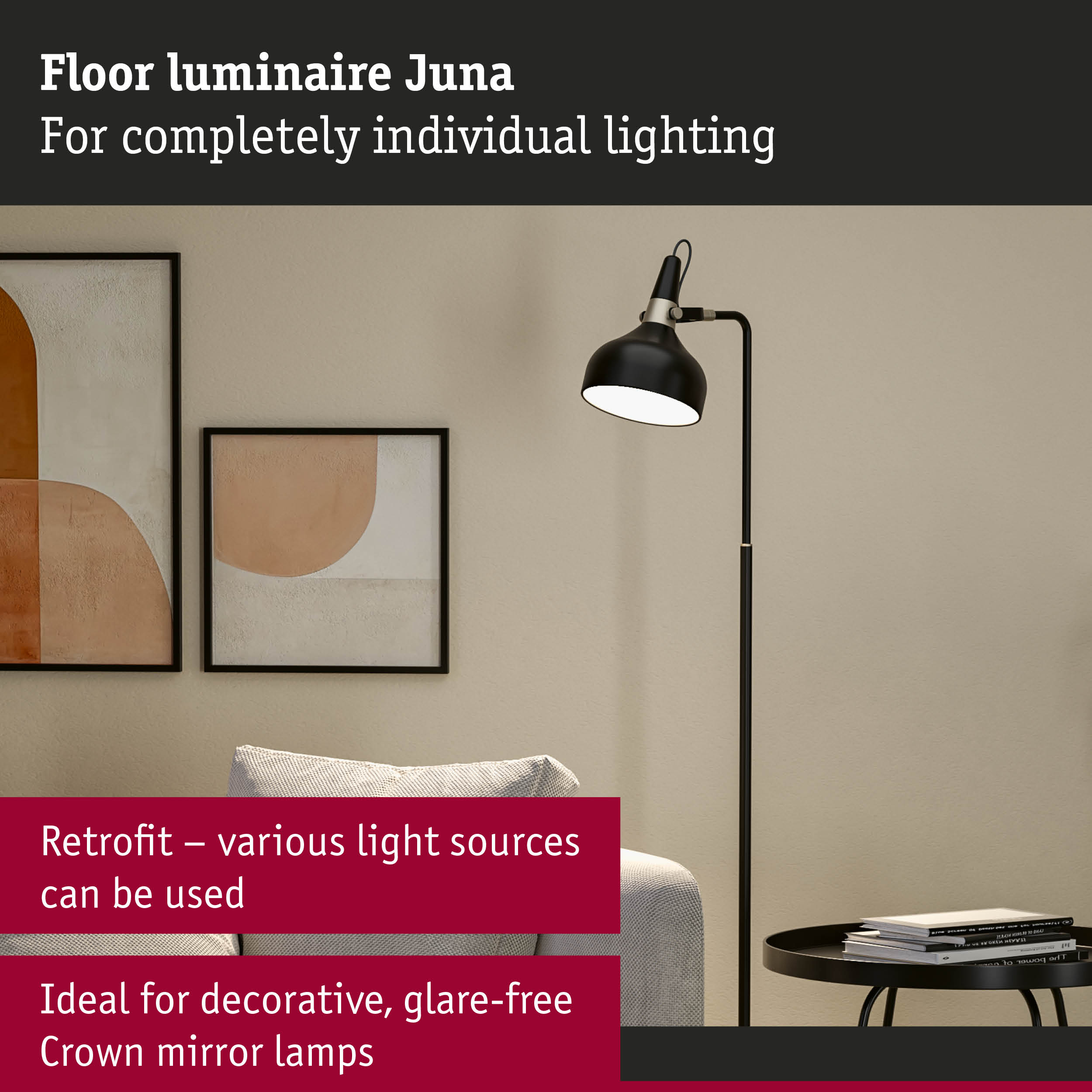 Black metal floor lamp Juna with adjustable shade for customizable lighting in living spaces