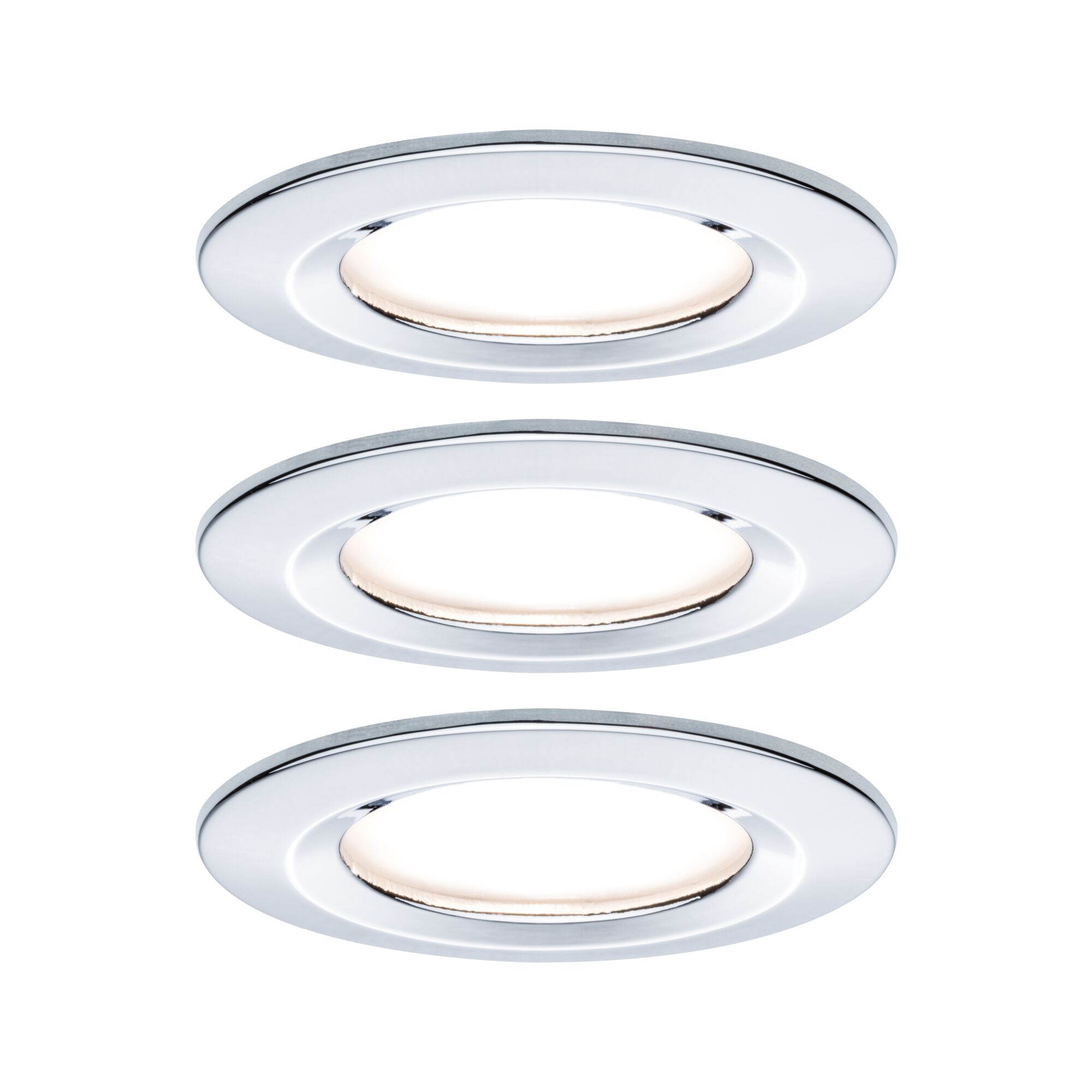 Three round recessed lights with chrome metal frame and warm white LED light for indoor use