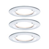 Three round recessed lights with chrome metal frame and warm white LED light for indoor use