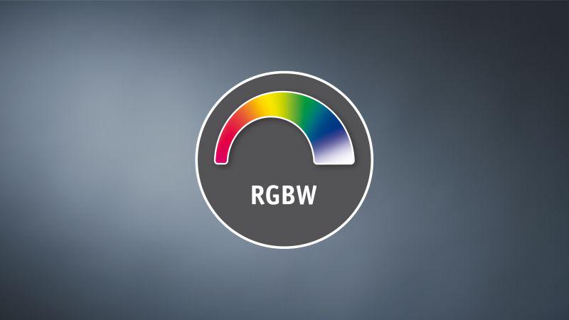 RGBW color spectrum icon on grey background for LED lighting with color change feature.