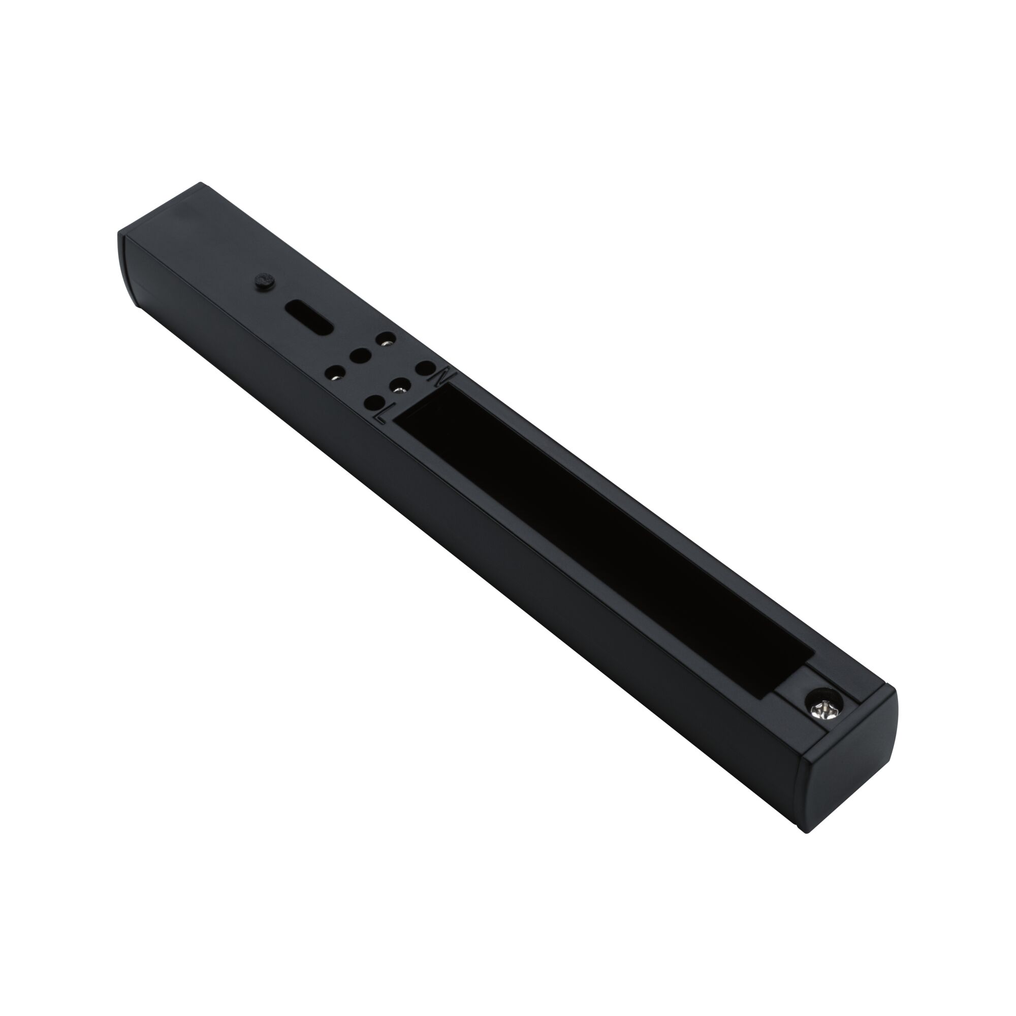 Black aluminum housing with connection slots for LED lighting, modern design for lighting technology