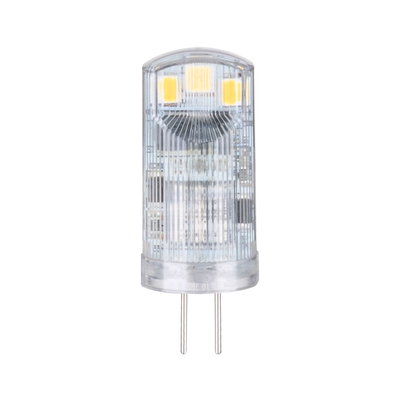 Small transparent LED bulb with two metal pins, energy-efficient lighting solution
