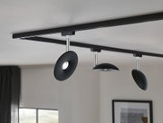 Black LED ceiling track with three adjustable metal spotlights for modern interior lighting