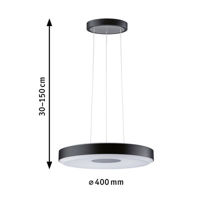 Ronde zwarte metalen LED-hanglamp met witte diffuser, 40 cm diameter, in hoogte verstelbaar