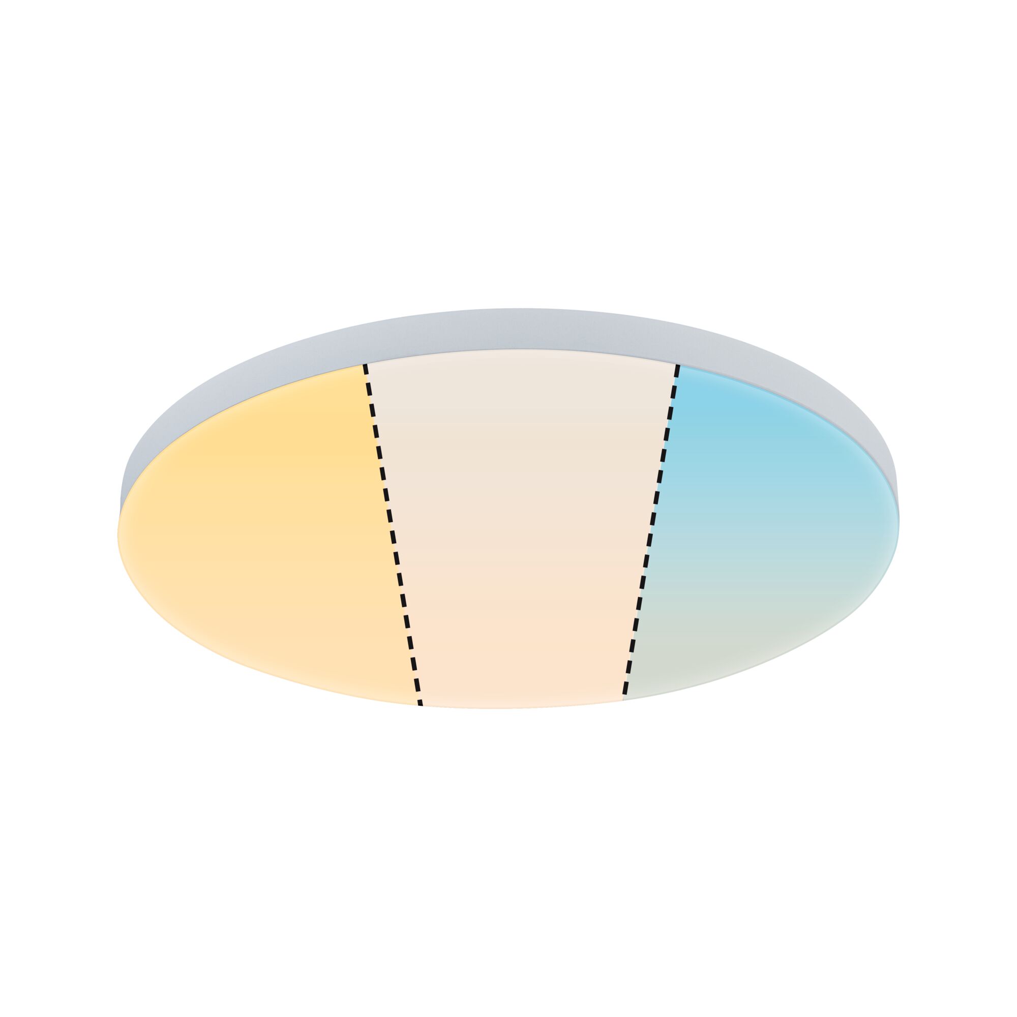 Runde LED-Deckenleuchte mit stufenlos einstellbarem Farbtemperaturbereich von warmweiß bis kaltweiß.