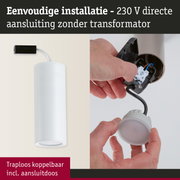 Witte cilindervormige plafondspot met directe 230 V aansluiting zonder transformator voor eenvoudige installatie