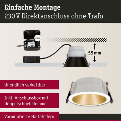 Weißer Einbaustrahler mit goldfarbenem Reflektor und Anschlussbox für 230V Direktanschluss ohne Trafo