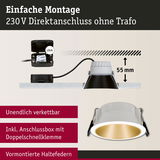 Weißer Einbaustrahler mit goldfarbenem Reflektor und Anschlussbox für 230V Direktanschluss ohne Trafo