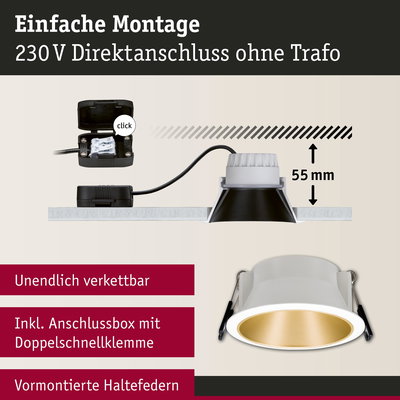 Weißer Einbaustrahler mit goldfarbenem Reflektor und Anschlussbox für 230V Direktanschluss ohne Trafo