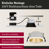 Weißer Einbaustrahler mit goldfarbenem Reflektor und Anschlussbox für 230V Direktanschluss ohne Trafo