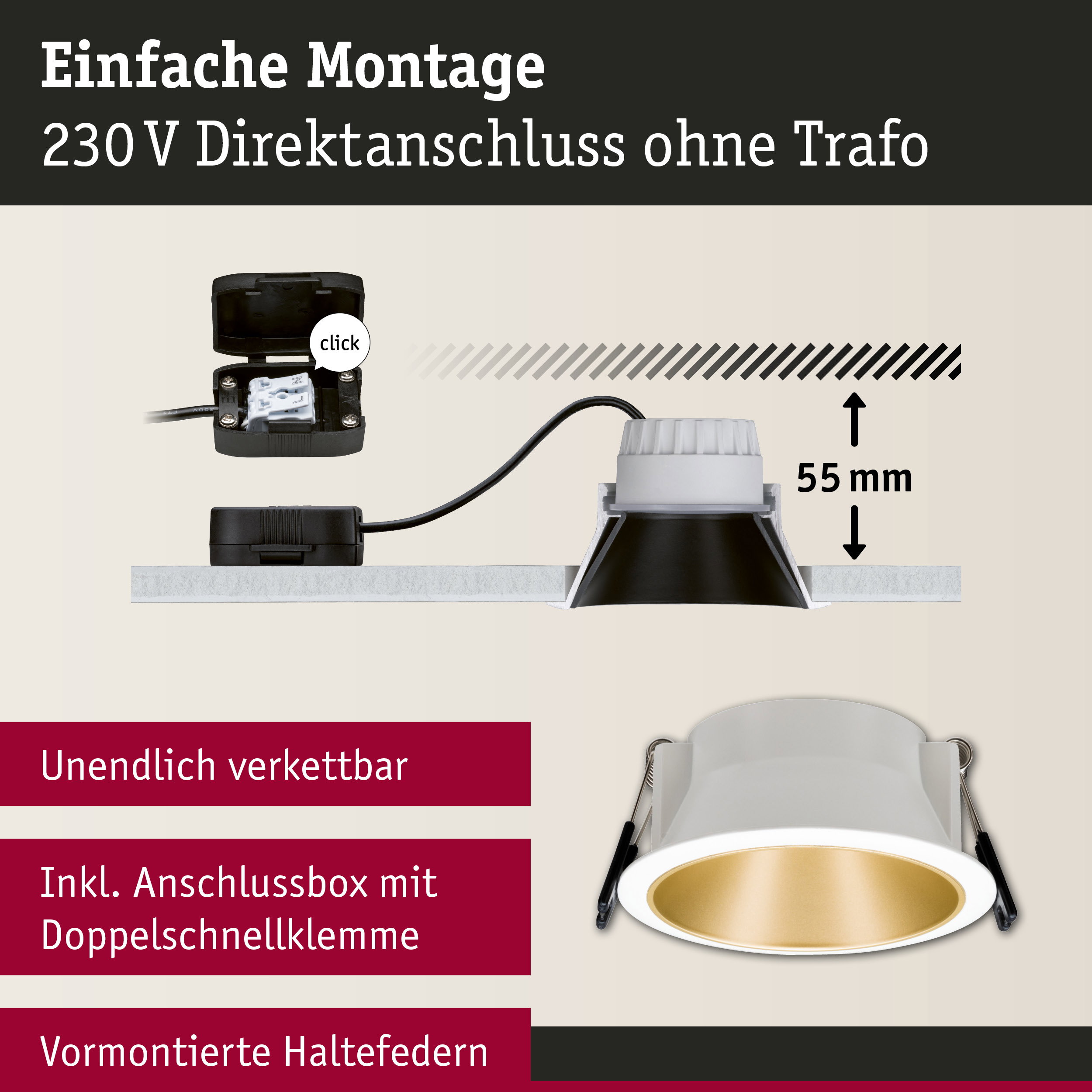 Weißer Einbaustrahler mit goldfarbener Innenseite und Anschlussbox für 230V Direktanschluss ohne Trafo