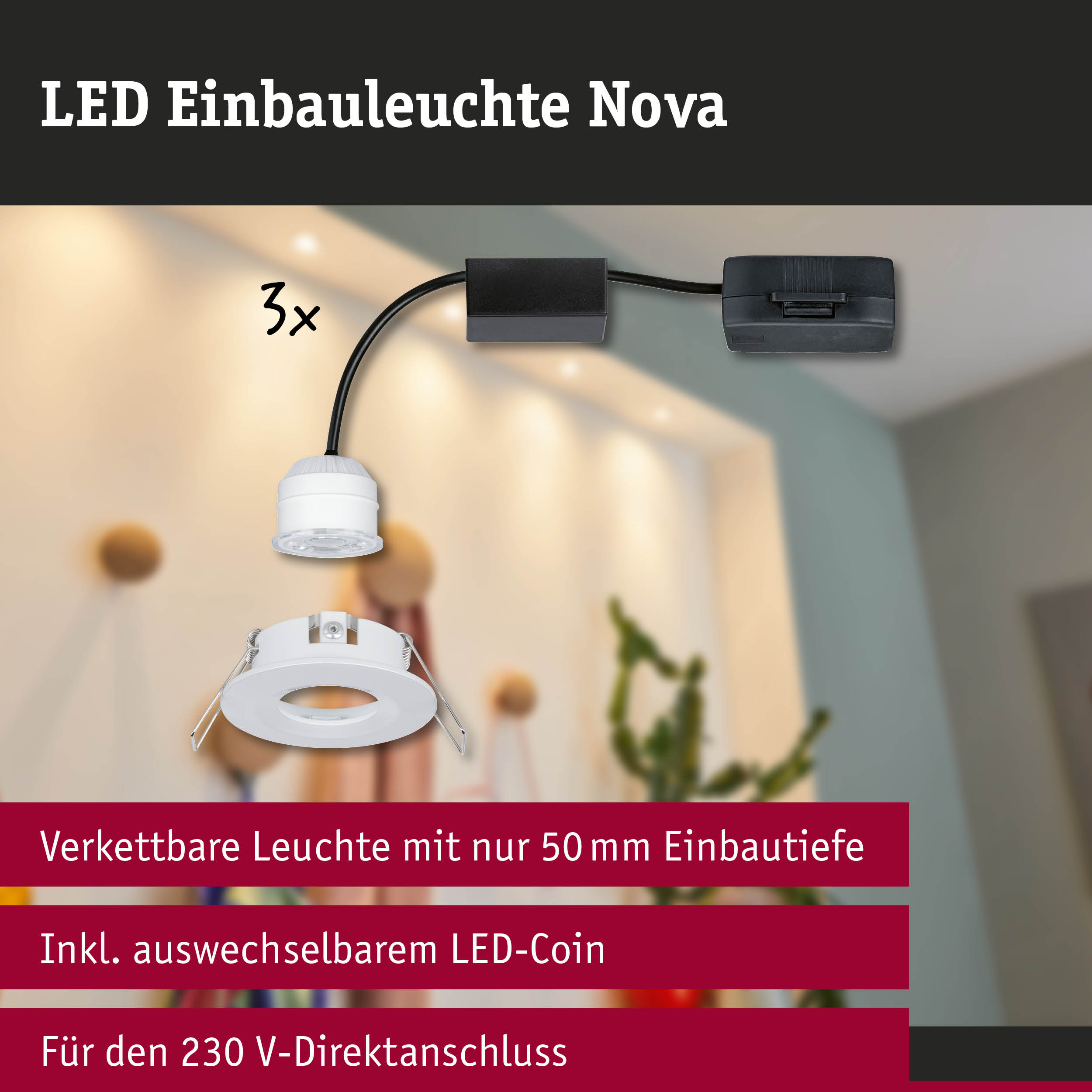 LED Einbauleuchte Nova in Weiß mit 50 mm Einbautiefe und austauschbarem LED-Coin für 230 V Anschluss