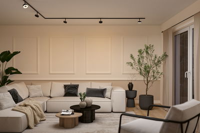 Moderne woonkamer met zwarte railspots aan het plafond en beige bank in natuurlijke stijl