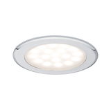 Round LED recessed light with chrome metal frame and warm white light for living spaces