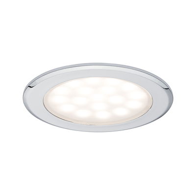 Spot LED encastré rond avec cadre en métal chromé et lumière blanc chaud pour intérieur