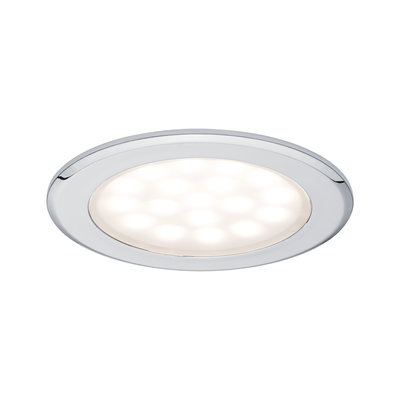 Round LED recessed light with chrome metal frame and warm white light for living spaces