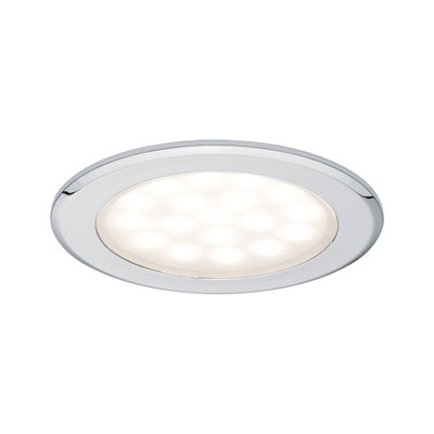 Spot LED encastré rond avec cadre en métal chromé et lumière blanc chaud pour intérieur