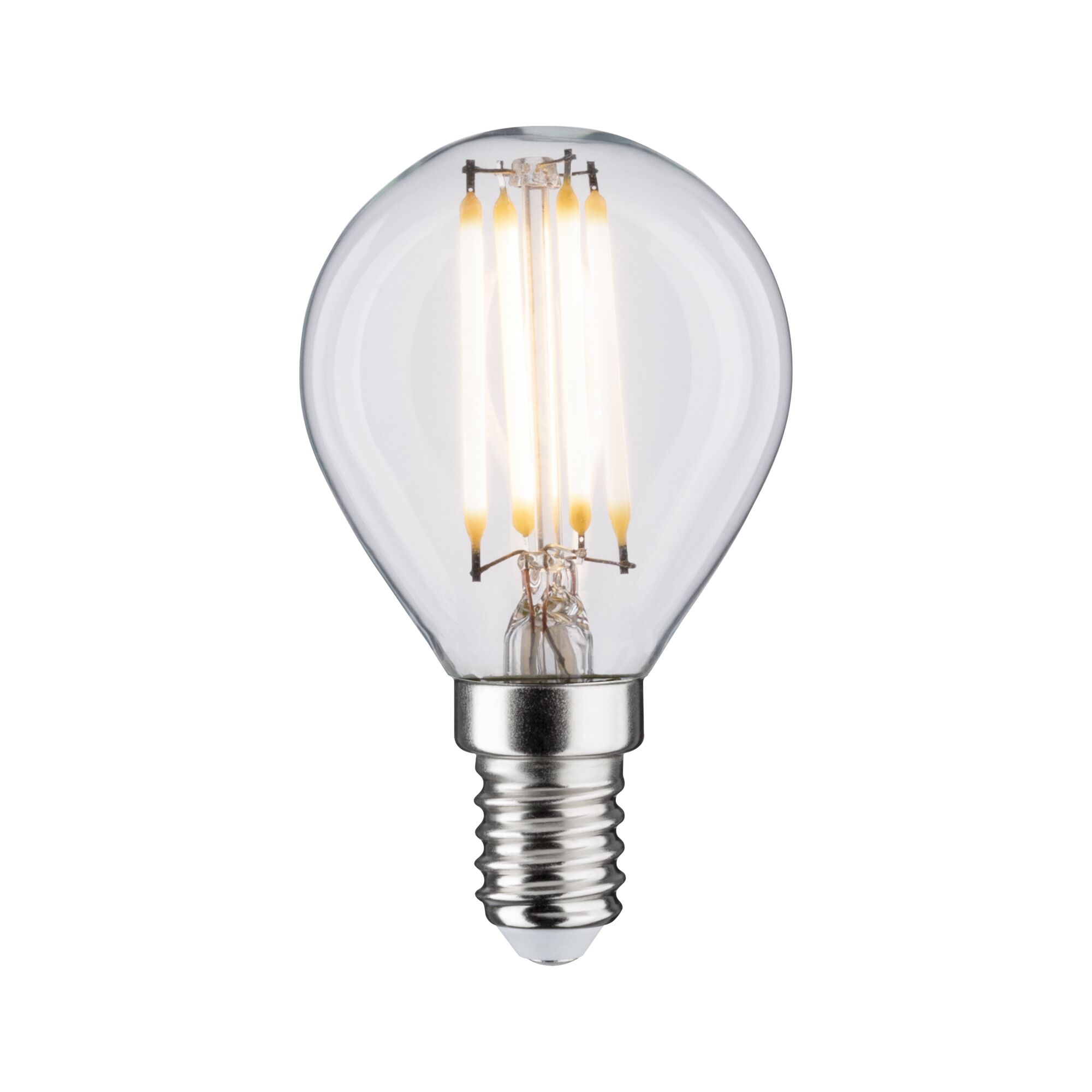 Kleine LED-Glühbirne mit klarem Glas und sichtbaren Leuchtstäben, energiesparende Beleuchtungslösung