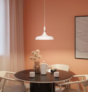White metal pendant lamp against terracotta wall in modern dining room setting