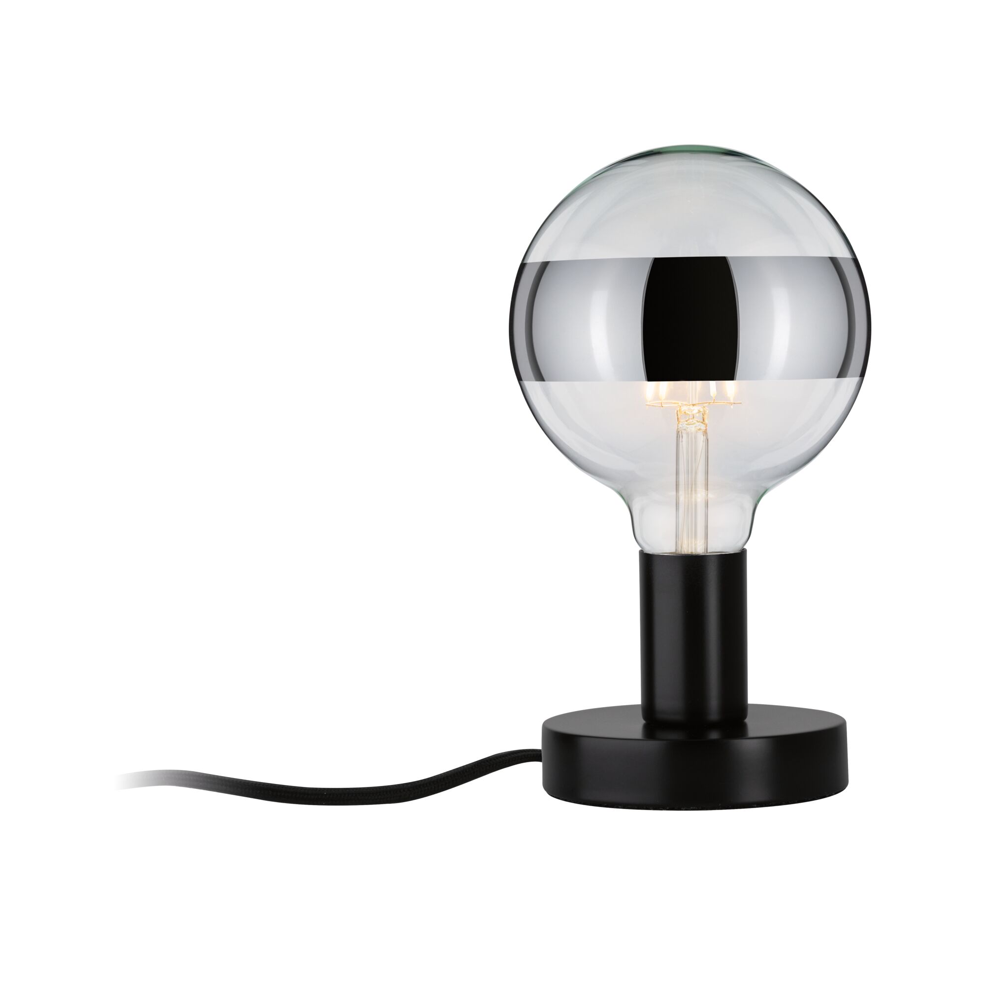 Lampe de table moderne avec base en métal noir et grande sphère en verre avec bande argentée, éclairage LED