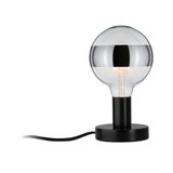 Lampe de table moderne avec base en métal noir et grande sphère en verre avec bande argentée, éclairage LED
