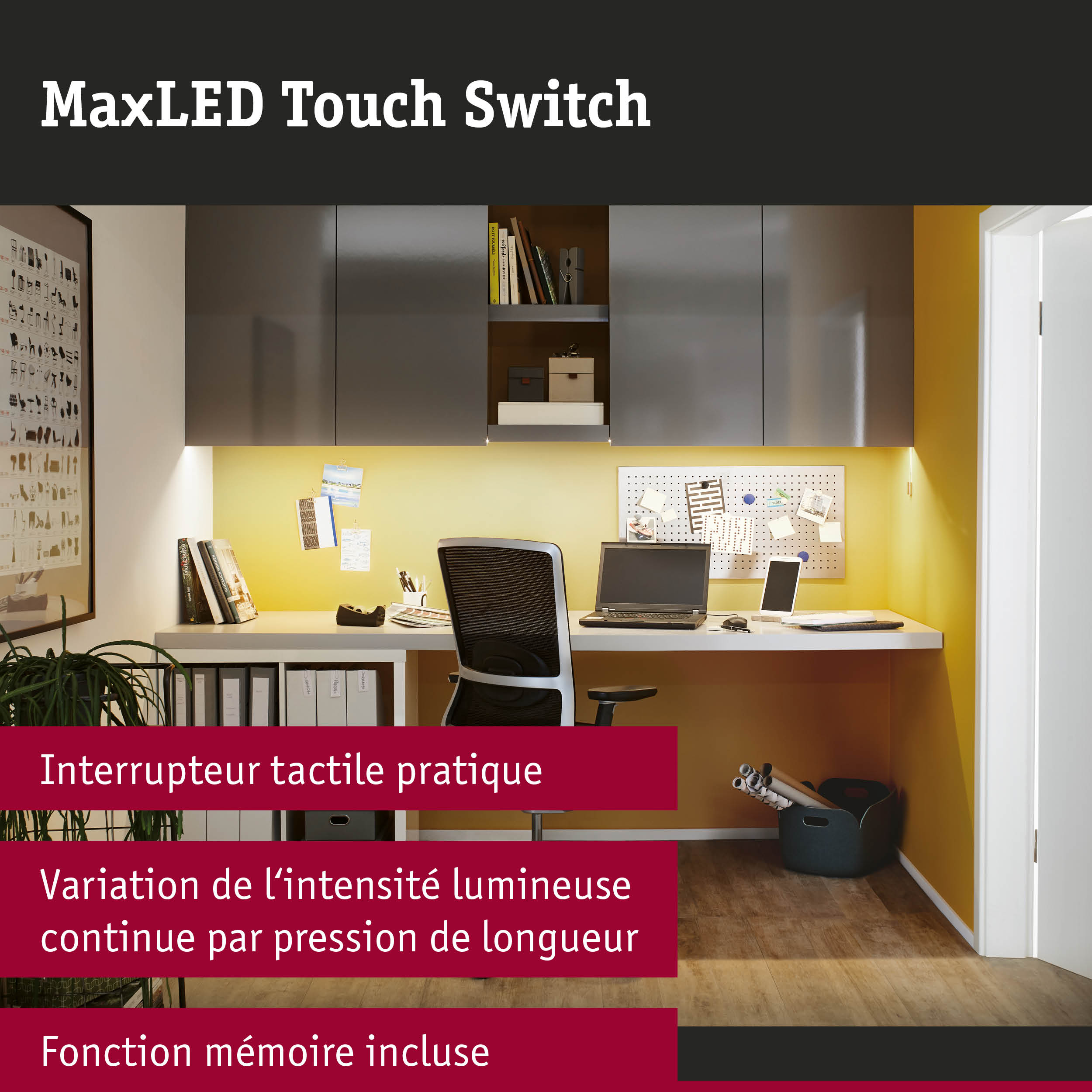 Bureau à domicile moderne avec armoires murales grises et éclairage d'accent jaune dans un espace de travail.