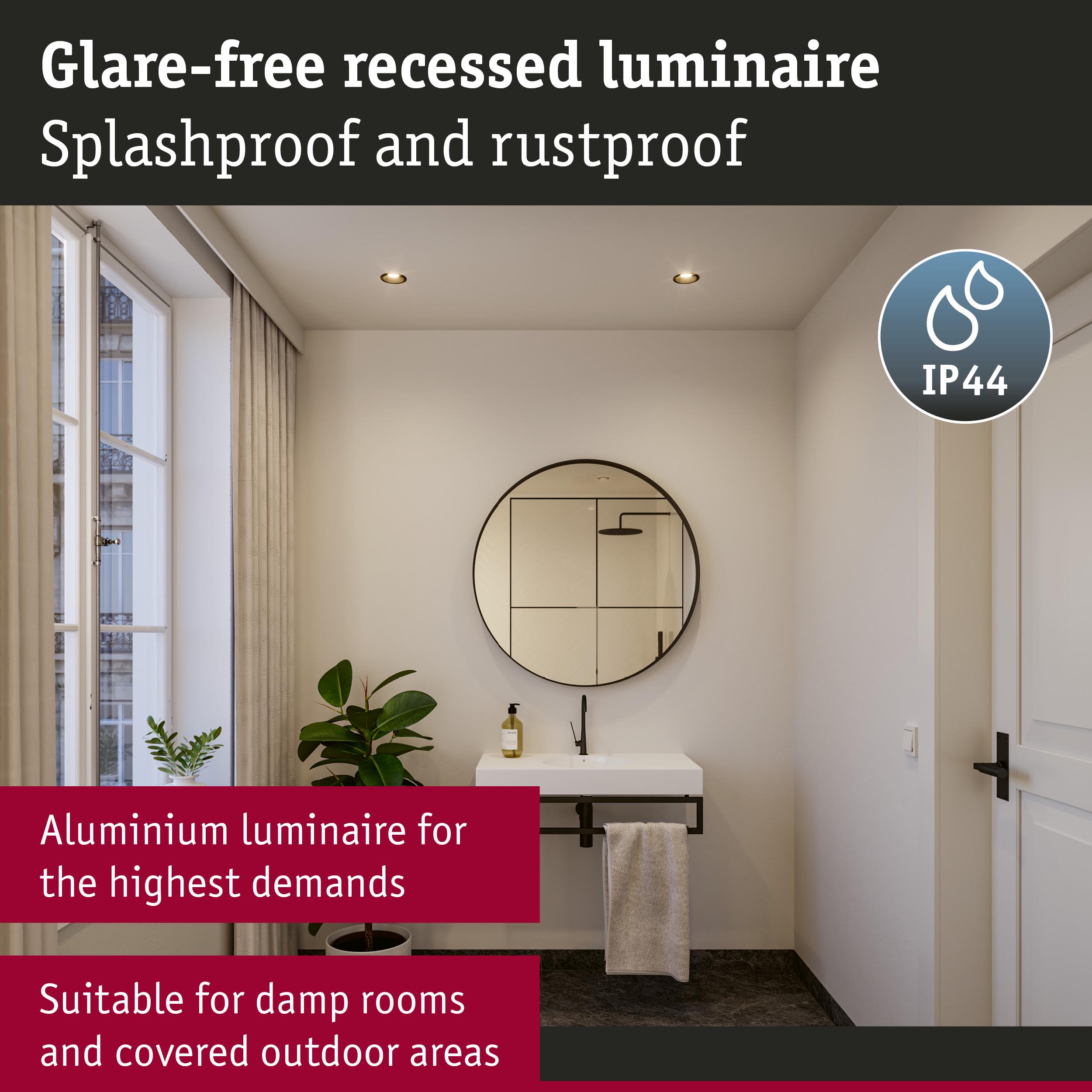 Glare-free aluminium recessed luminaire in warm white, splashproof and rustproof for damp rooms
